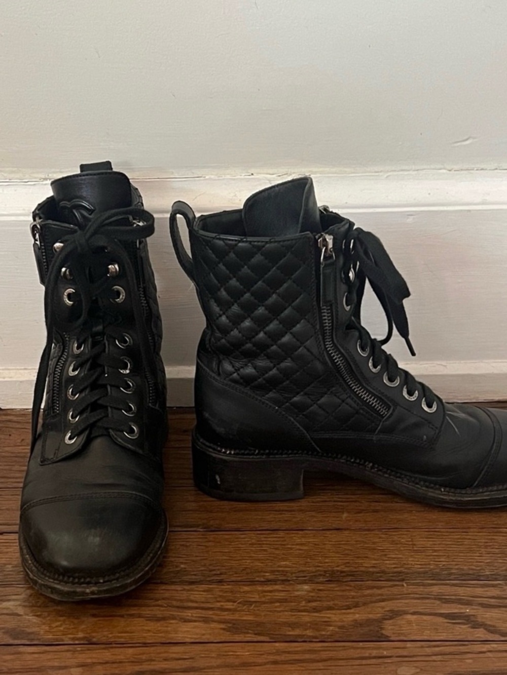CHANEL Black Quilted Lace-Up Boots with Side Zippers
